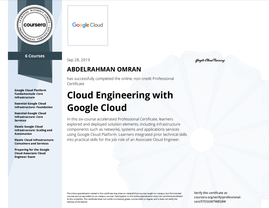 Cloud Engineering with Google Cloud Specialization - Abdelrahman Omran Certificate - 5TE5GW7W858W