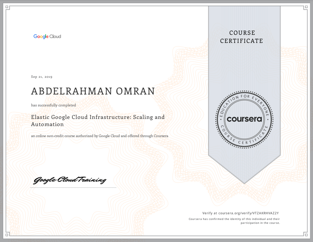 Elastic Google Cloud Infrastructure - Scaling and Automation - Abdelrahman Omran Certificate - VTZAKRHVAZ2Y