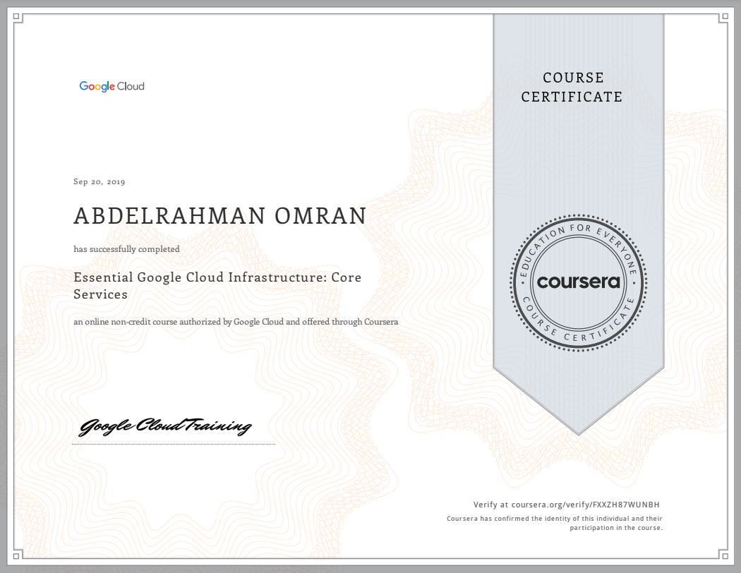 Essential Google Cloud Infrastructure - Core Services - Abdelrahman Omran Certificate - FXXZH87WUNBH