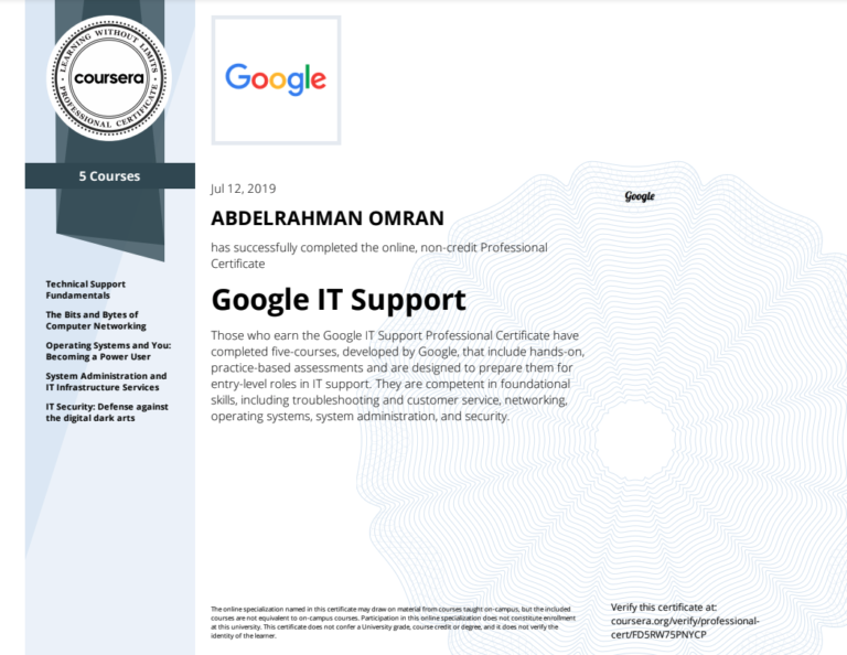 Google IT Support Professional Specialization | Abdelrahman Omran