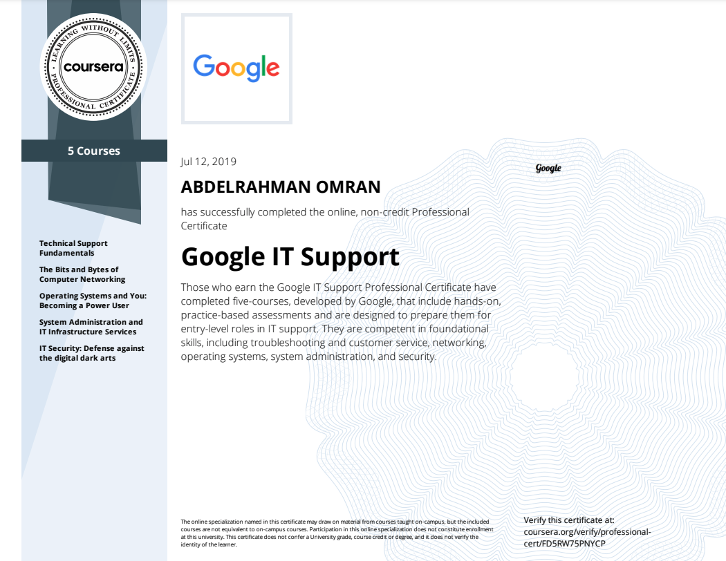 Google IT Support Professional Specialization - Abdelrahman Omran Certificate - FD5RW75PNYCP